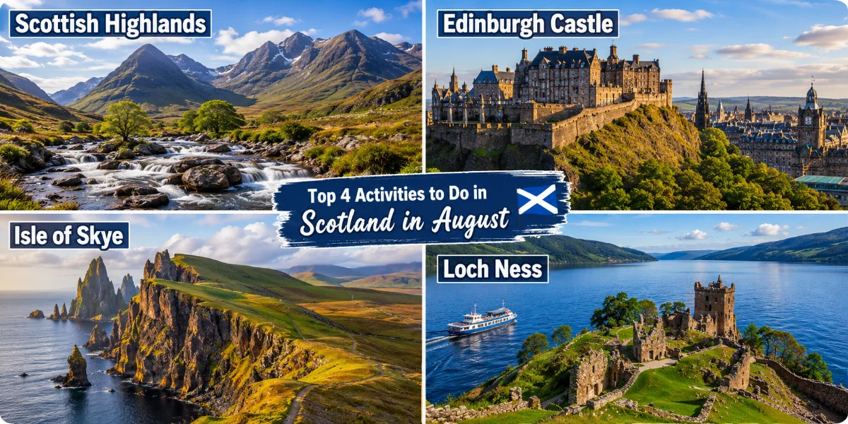 A scenic view of Scotland's rugged landscape showcasing mountains, lochs, and outdoor adventure activities.