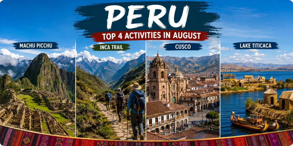 A scenic view of Machu Picchu, showcasing ancient ruins surrounded by lush green mountains in August.