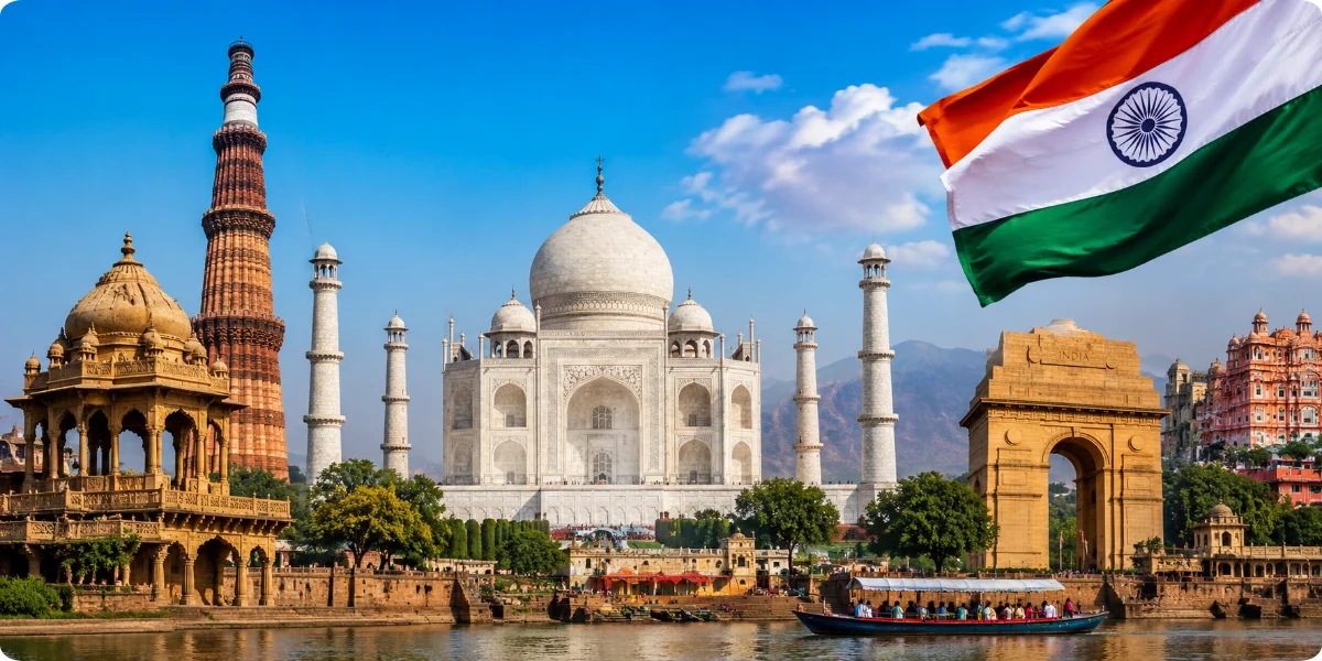 India travel destination featuring the Taj Mahal, Qutub Minar, India Gate, and Indian flag.