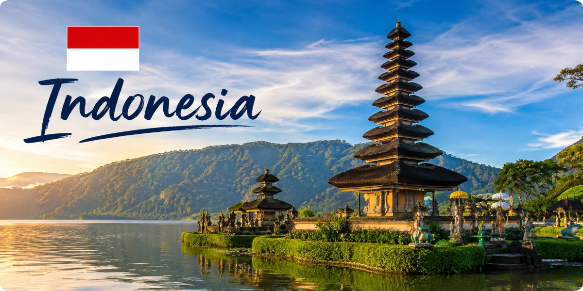 Indonesia travel destination with Bali temple, mountain lake, and Indonesian flag