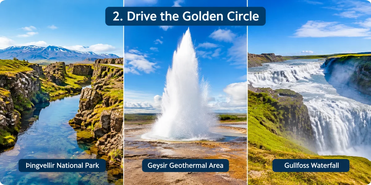 A panoramic shot of the Golden Circle drive, highlighting Iceland's stunning natural beauty and diverse geological features.