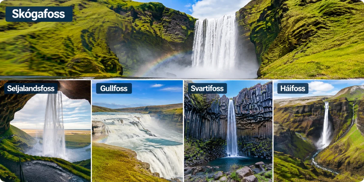 A stunning view of Iceland's famous waterfall, showcasing cascading water surrounded by lush greenery and rocky cliffs.