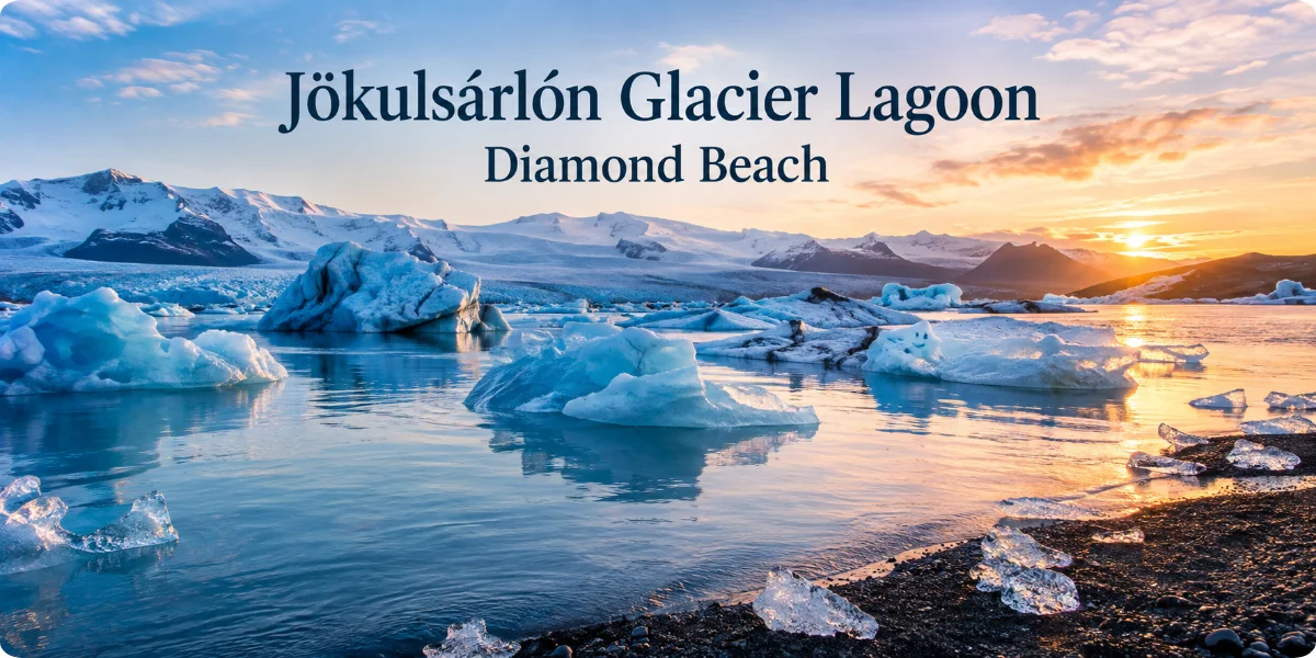 Jökulsárlón Glacier Lagoon featuring floating icebergs and the contrasting black sand of Diamond Beach nearby.