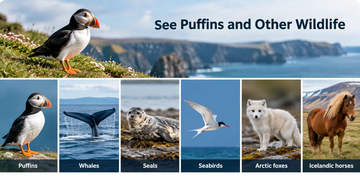 A vibrant scene showcasing puffins and various wildlife in their natural habitat, highlighting their colorful plumage and surroundings.