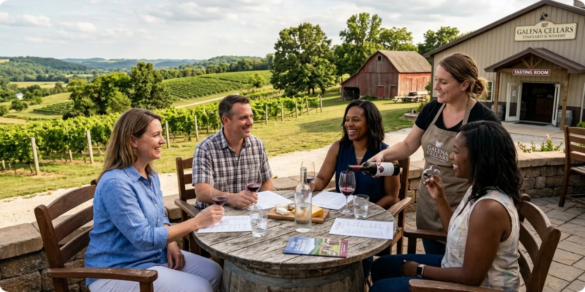 The Galena area has wineries and tasting experiences where visitors can combine drinks with rural scenery. The official tourism organization includes wine, beer, and spirits among the area's visitor experiences.