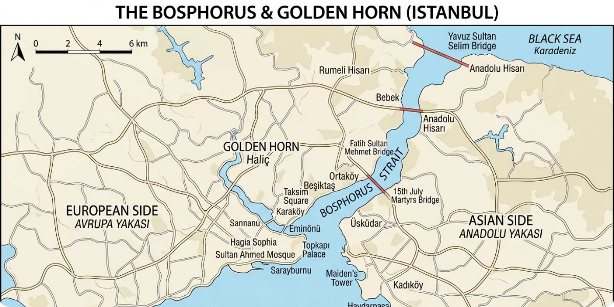 Map of Istanbul showing European and Asian sides