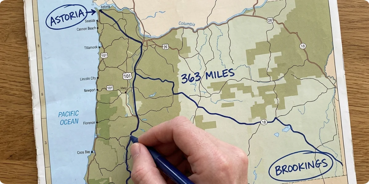 Infographic of the 363-mile Highway 101 Oregon Coast route