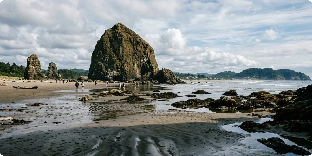 Haystack Rock at low tide in Cannon Beach