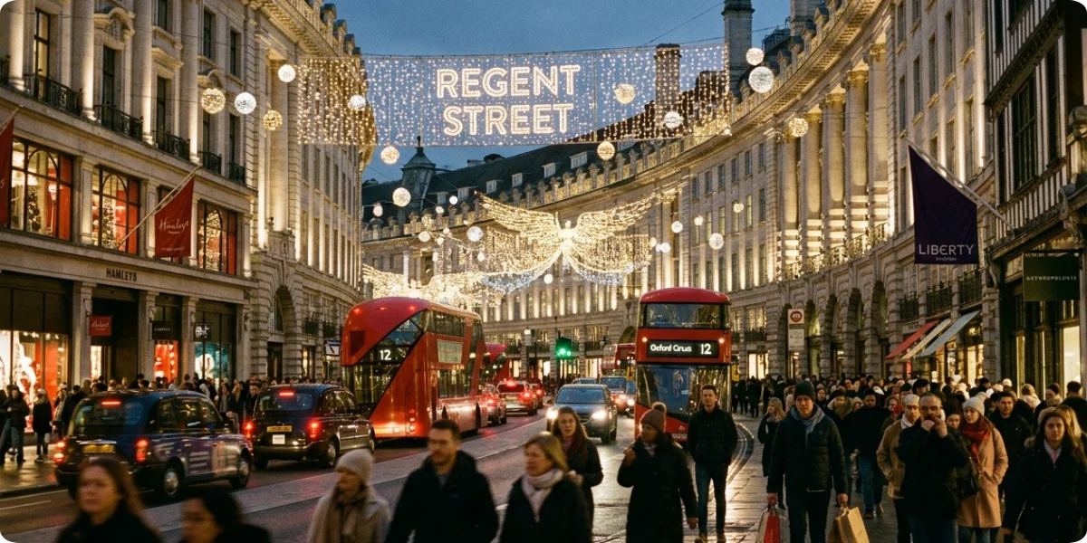 Christmas lights over a busy London street in December