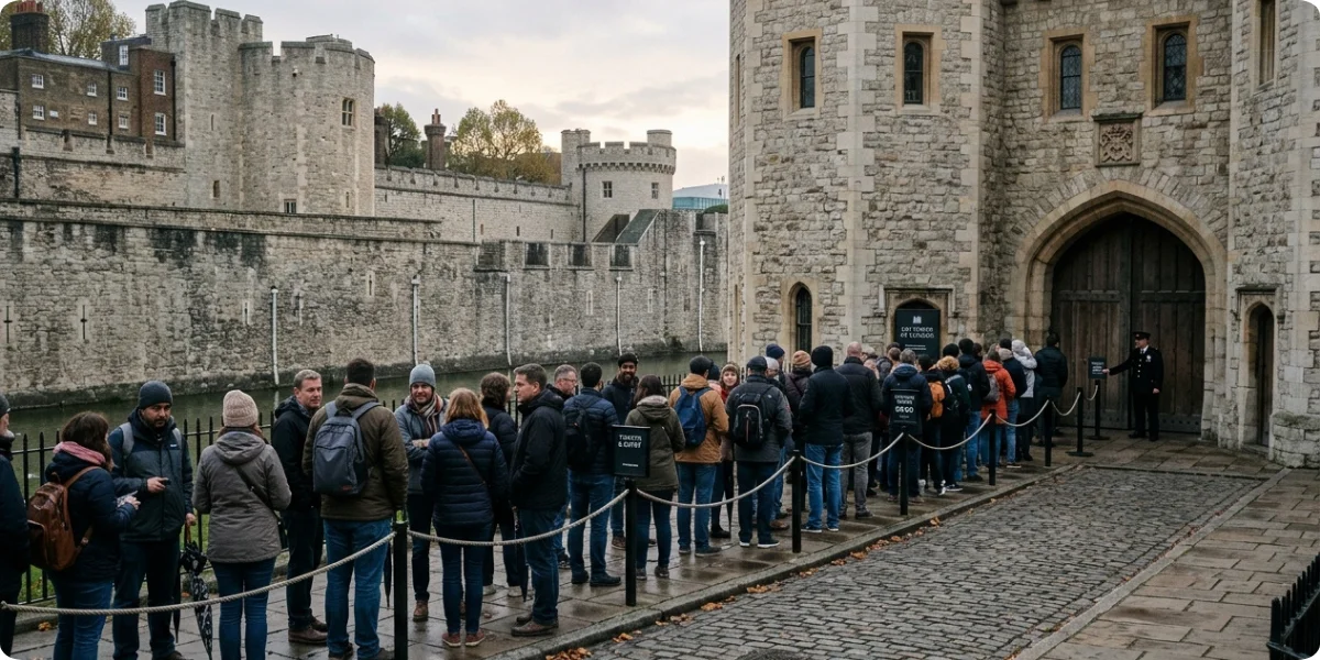 Visitors queuing at a London attraction in the morning