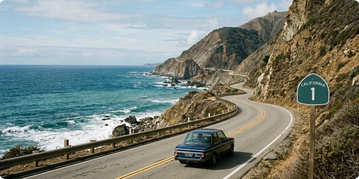 Pacific Coast Highway sign and scenic coastal road in California