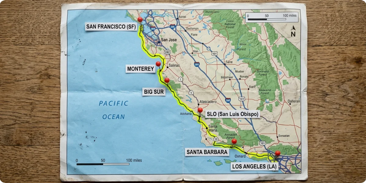 PCH road trip route map from San Francisco to Los Angeles
