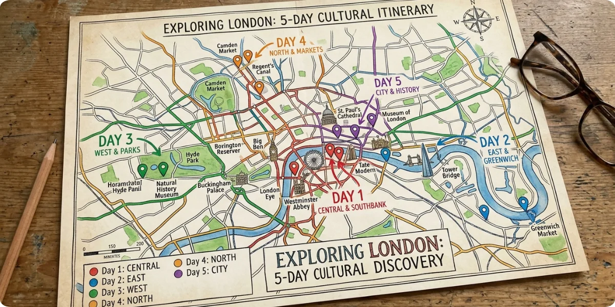 Map of a 5-day London itinerary by area
