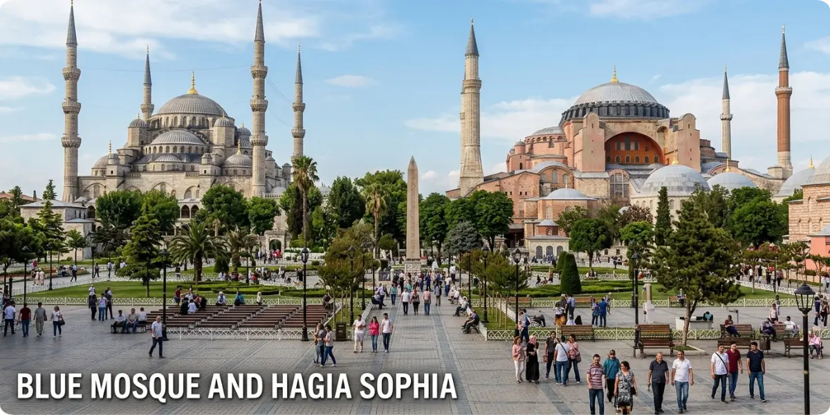 Sultanahmet Square with the Blue Mosque and Hagia Sophia in Istanbul