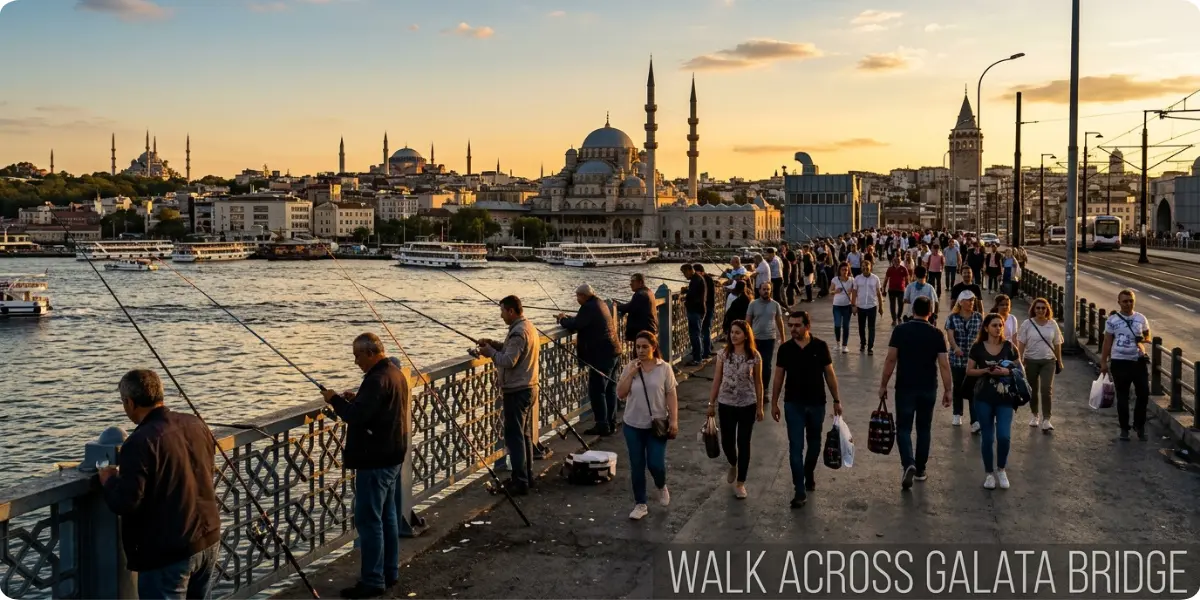 This is the classic Istanbul walk. The upper deck is lined with fishermen at all hours, and the view runs from the Golden Horn to the skyline of the old city.