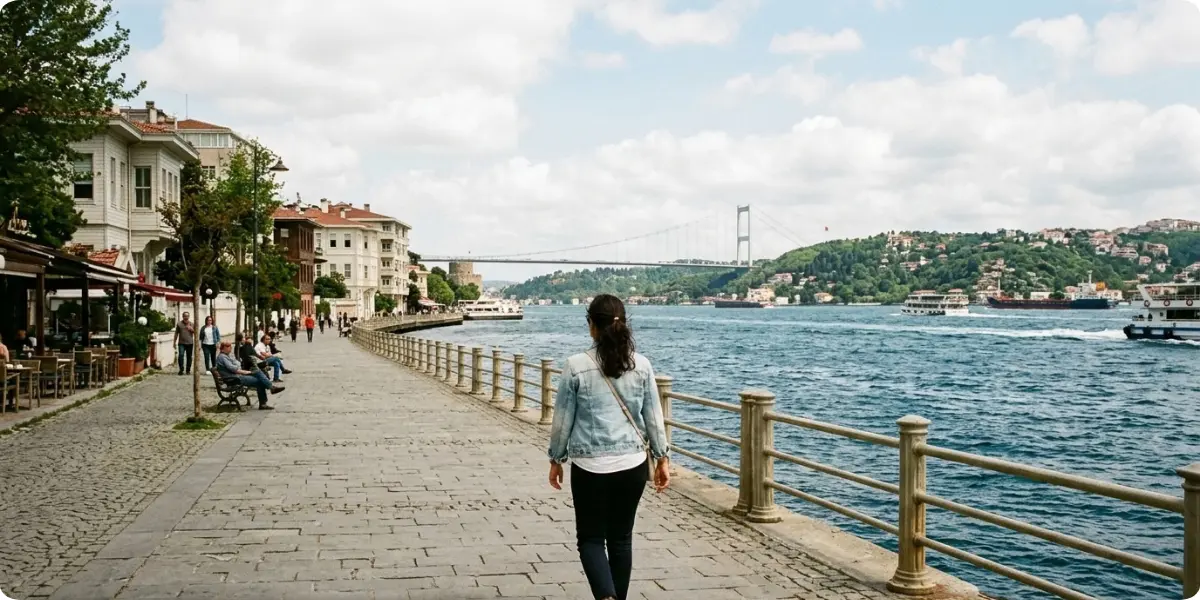 The Bosphorus is the strait dividing Europe from Asia, and its shoreline paths are free to walk.