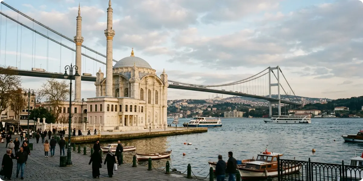 The Ortaköy Mosque sits right on the water, and its ornate 19th-century style looks very different from the great classical mosques of the old city.
