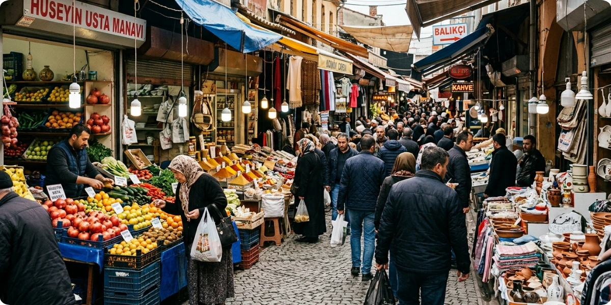 Fresh produce stalls at Kadıköy Market on Istanbul's Asian side