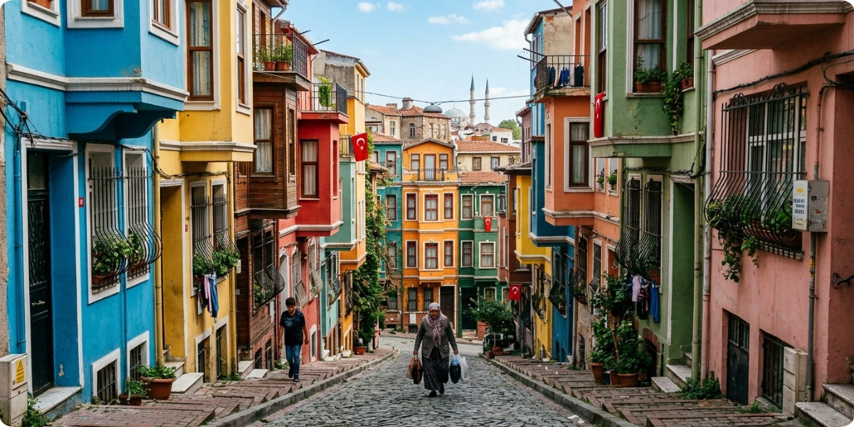 Colorful houses on a narrow street in Balat, Istanbul
