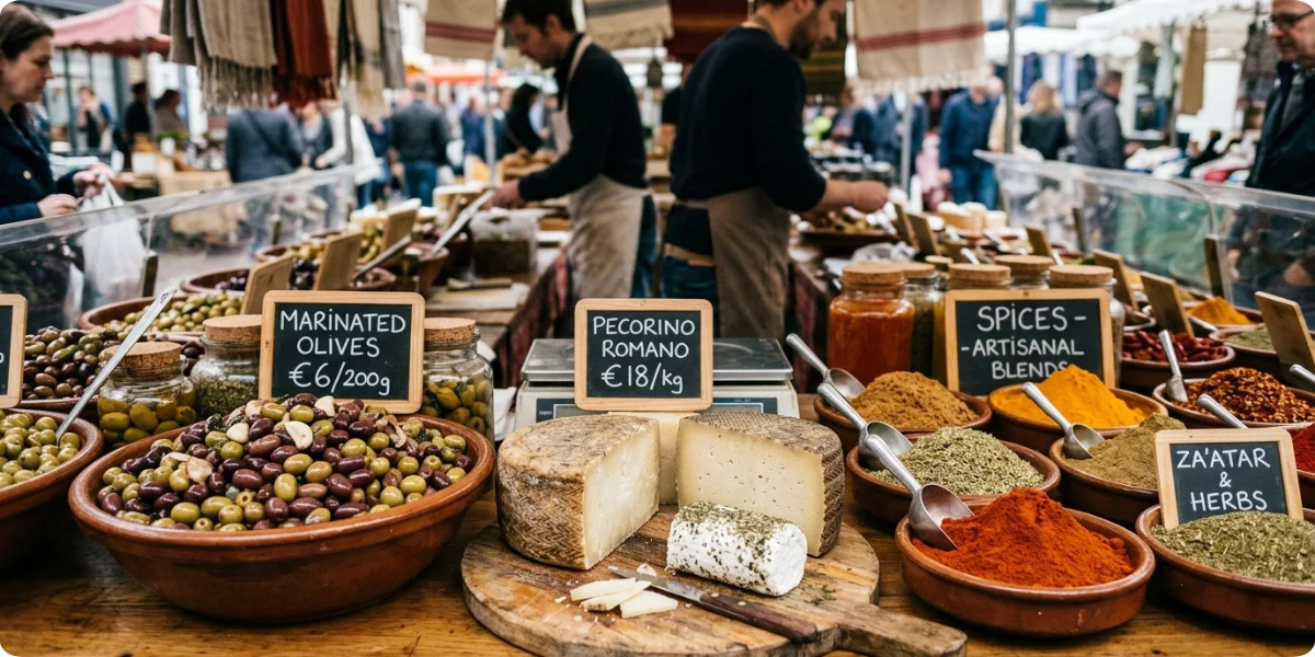 Olives, cheeses and spices at a local Istanbul food market