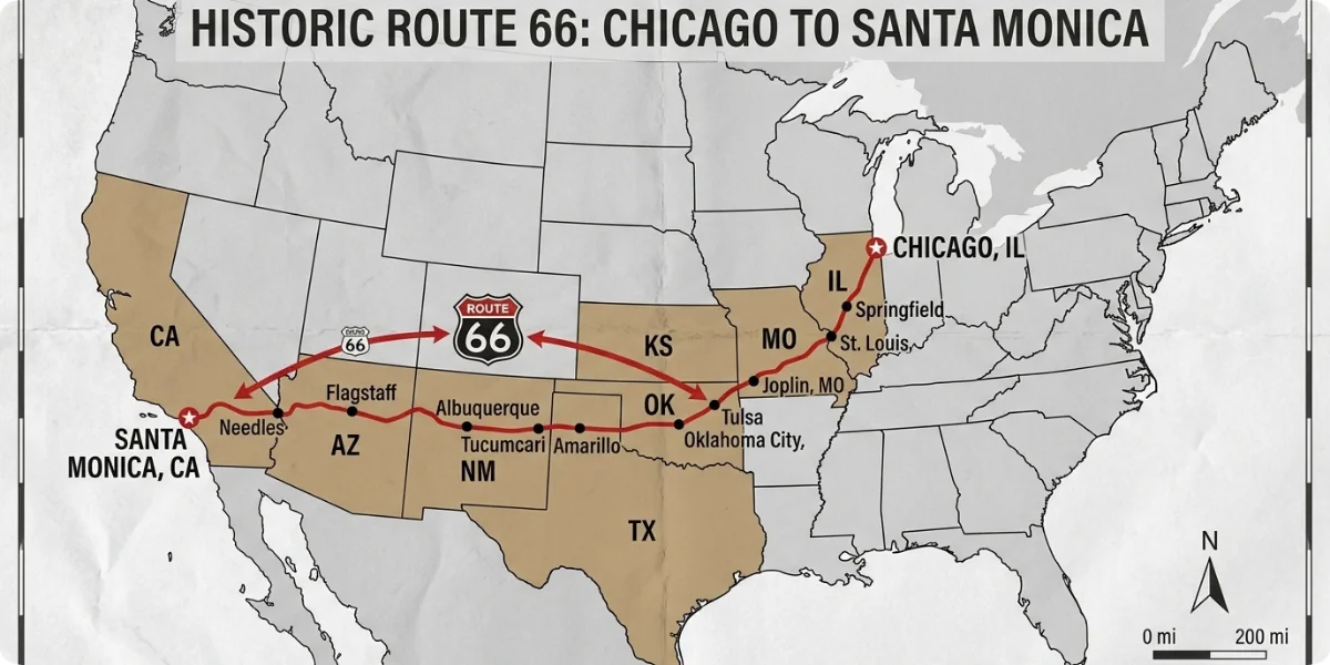 Route 66 map showing the route from Chicago to Santa Monica across eight states