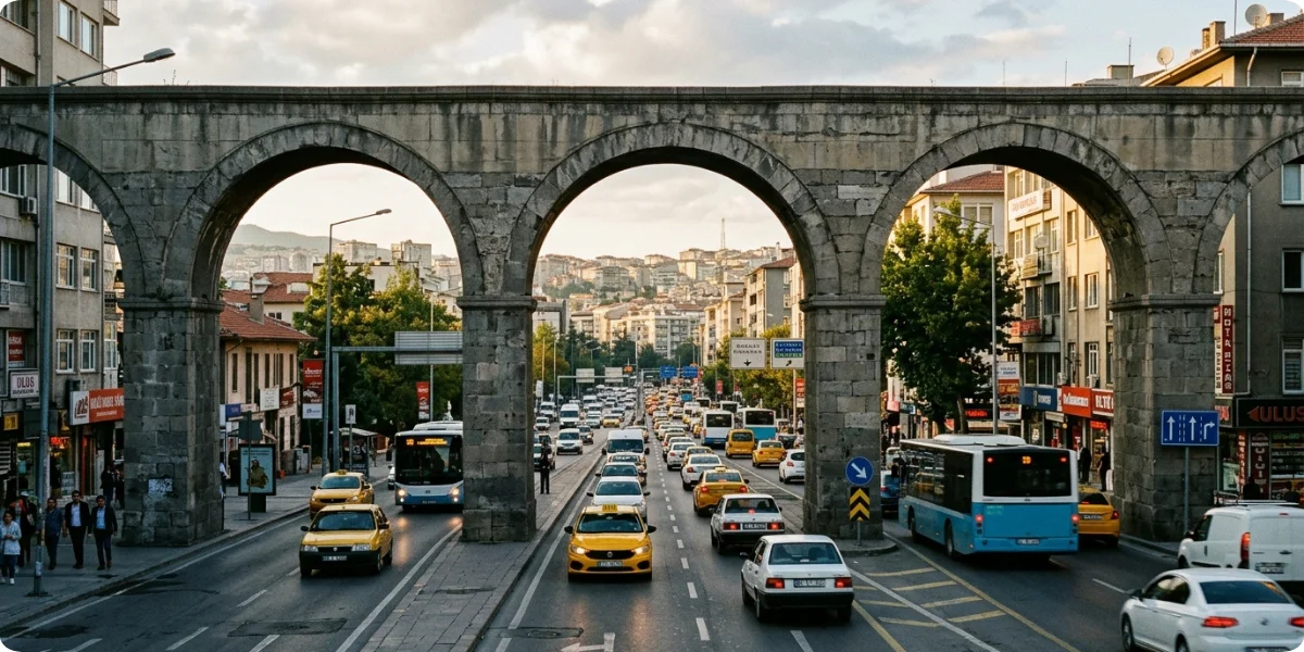 Valens Aqueduct arches crossing Atatürk Boulevard in Istanbul