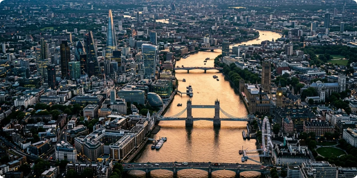Aerial view of London skyline showing how large the city is for sightseeing
