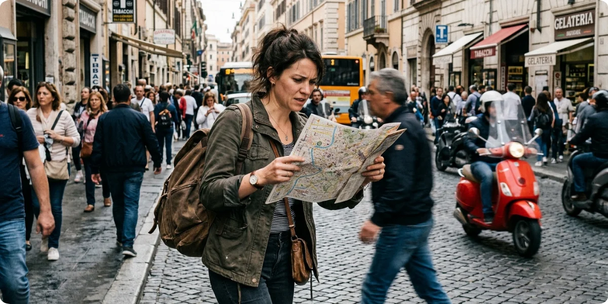 Tourist checking a London itinerary on a phone between attractions