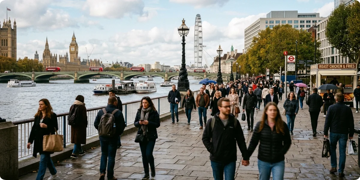 Walking along the South Bank in London with views of the River Thames