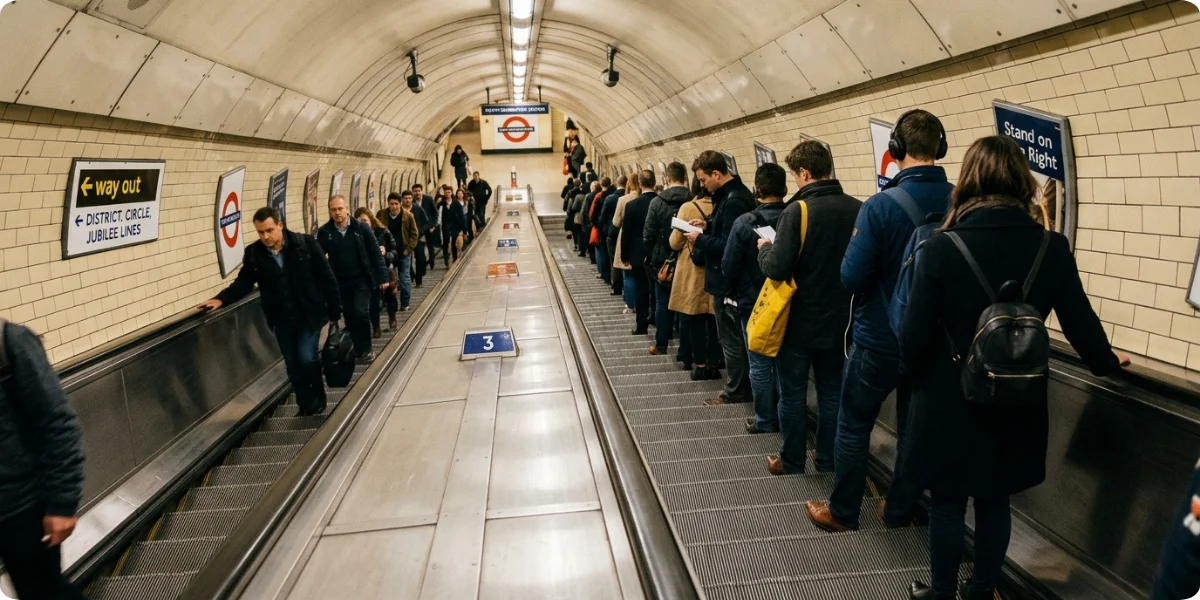 Passengers standing on the right of a London Underground escalator