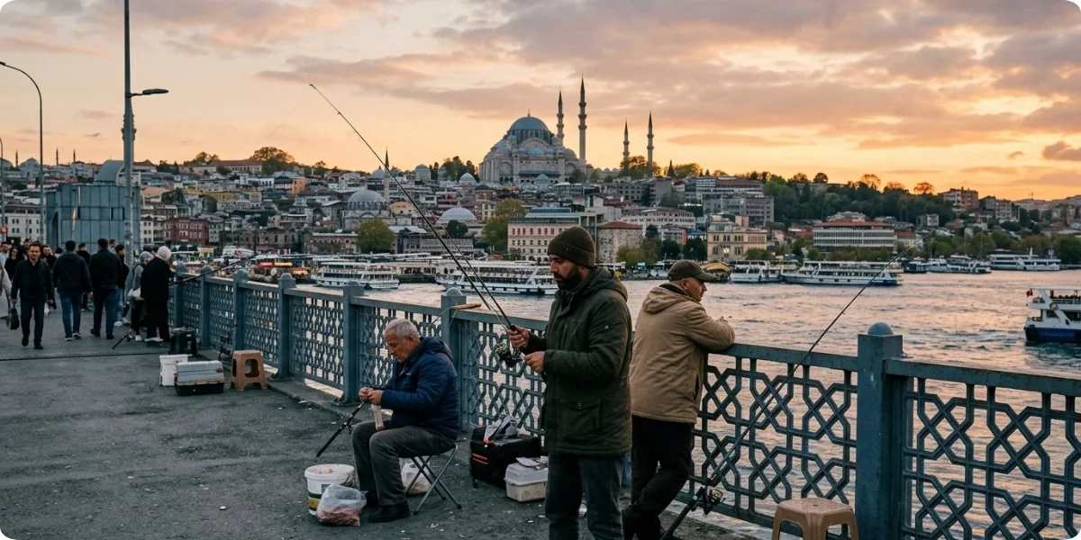 Galata Bridge connects Eminönü and Karaköy across the Golden Horn. In the evening, anglers line the rails, the city lights reflect on the water, and the skyline of mosques sits behind you. It’s free, easy to reach, and good for photos. Trams and ferries stop nearby, so getting back is simple.