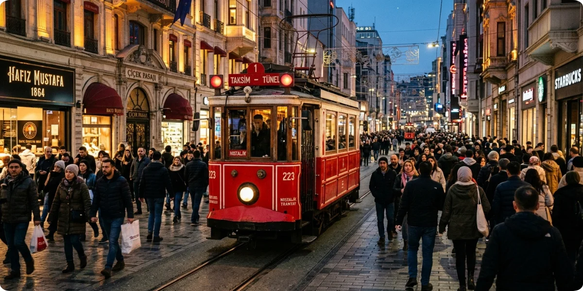 Istiklal Street is Istanbul’s busiest pedestrian avenue, and it stays lively into the evening. You will find shops, bookstores, dessert stores, and street musicians. Expect crowds, especially on weekends.