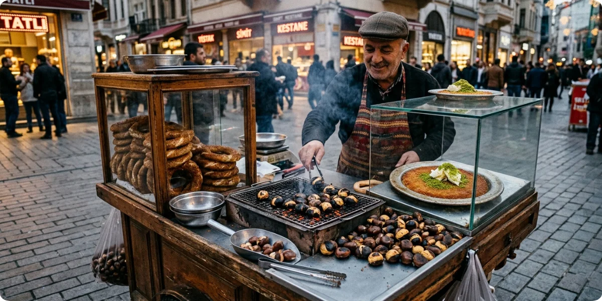 Simit (a sesame bread ring), döner, roasted chestnuts in cooler months, and corn are easy snacks you can eat on the move. Food options vary by neighborhood and time, so a busy street usually offers more choices than a quiet one.