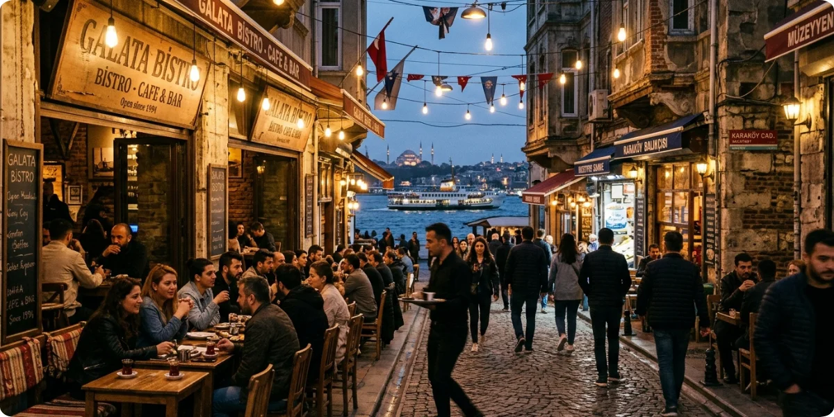 Karaköy sits just across Galata Bridge, and its waterfront is a pleasant evening stroll with views back toward the old city.