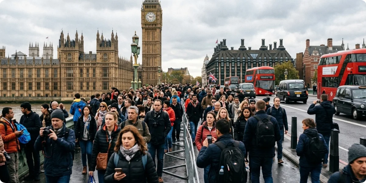 Crowds of tourists at a busy London attraction