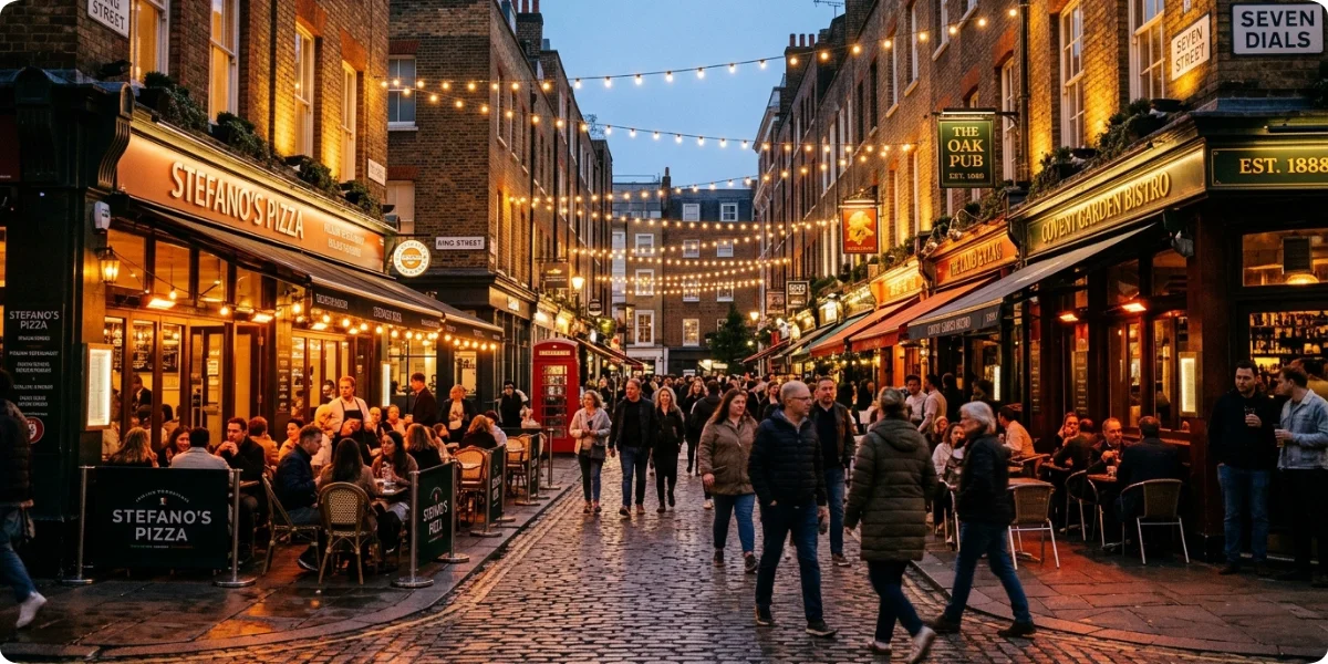 Well-lit London street with restaurants open in the evening