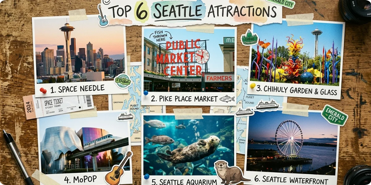 Aerial view of downtown Seattle between Puget Sound and the mountains
