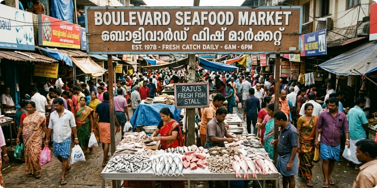 Pike Place Market entrance with fresh seafood stalls