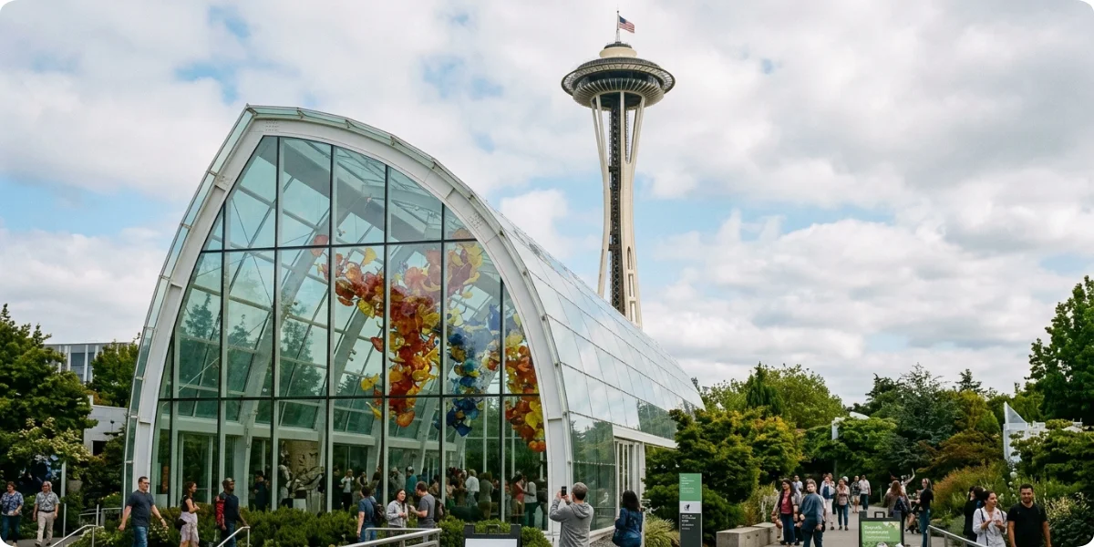 Chihuly Garden and Glass glasshouse beside the Space Needle