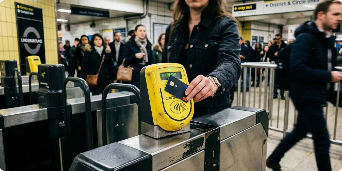 Tapping a contactless card at a London Tube gate