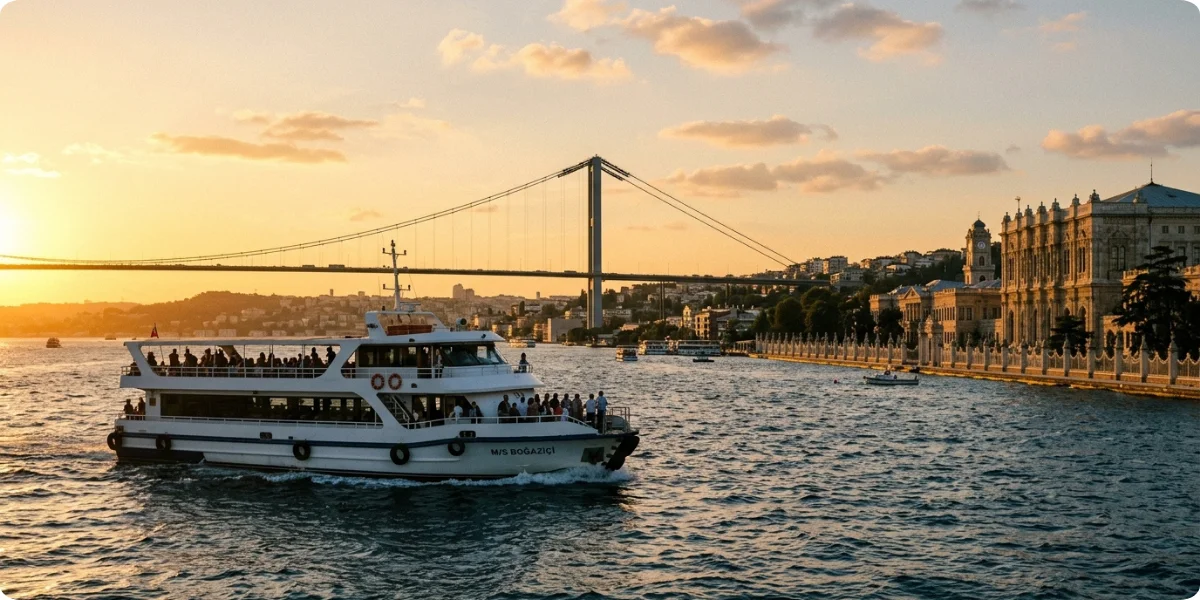 A cruise boat on the Bosphorus at golden hour, with a bridge or palace in the frame