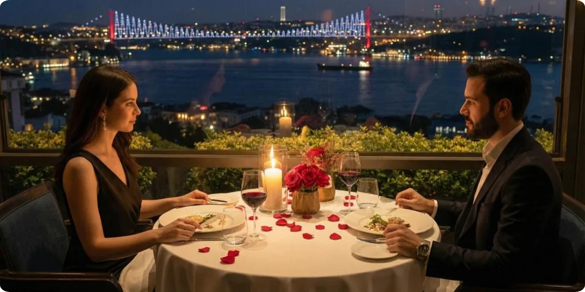 Couple enjoying a candlelit dinner with Bosphorus views in Istanbul