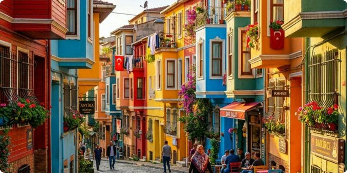 Colorful historic houses on a steep street in Balat, Istanbul