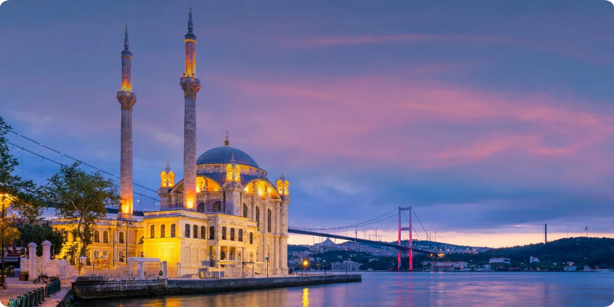 Ortaköy Mosque beside the Bosphorus Bridge at sunset