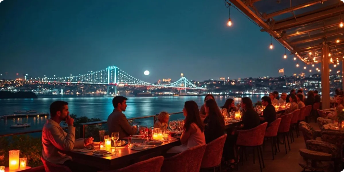 Rooftop terrace overlooking Istanbul city lights at night