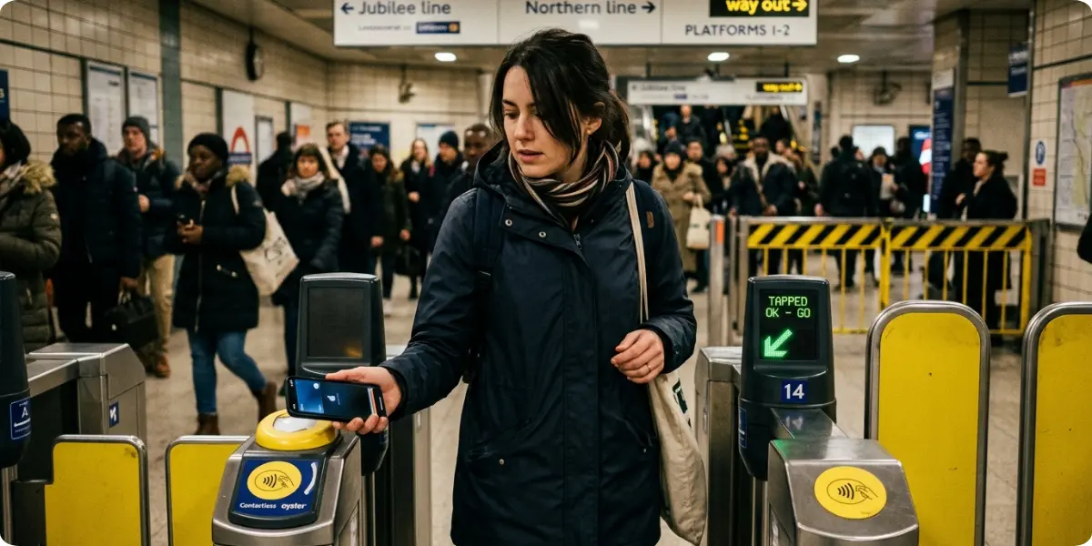 Tourist using contactless payment on the London Underground