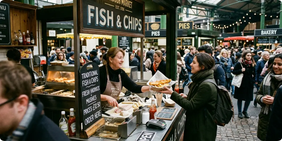 Fish and chips and market food in London