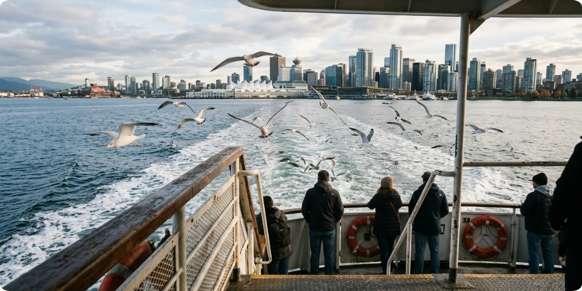 Bosphorus ferry with seagulls and Istanbul skyline