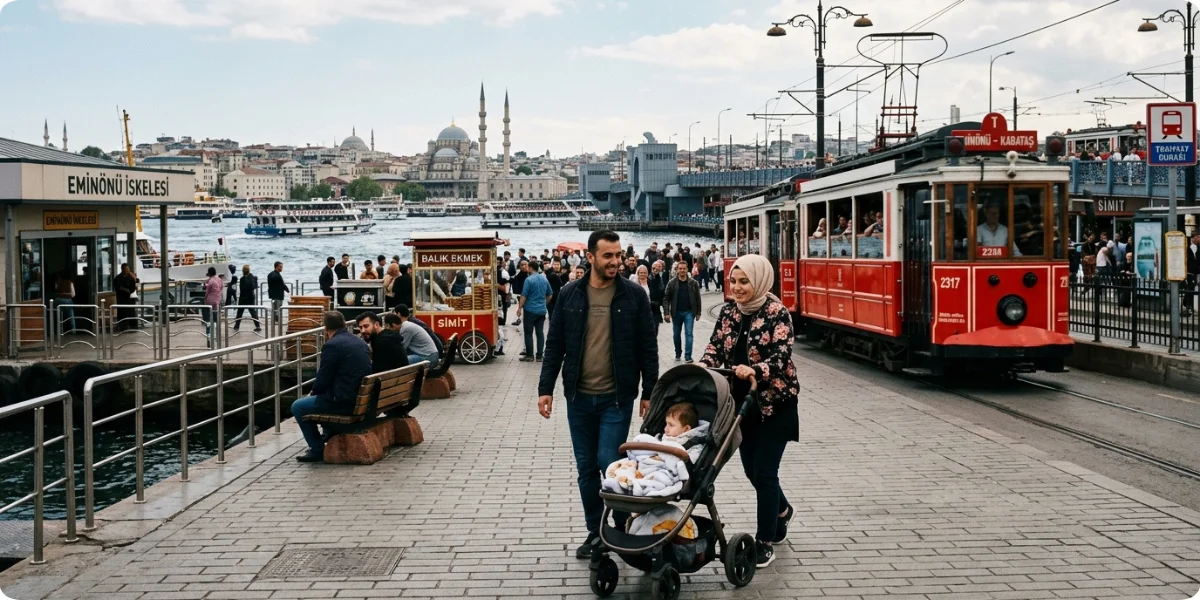 Family using public transport in Istanbul