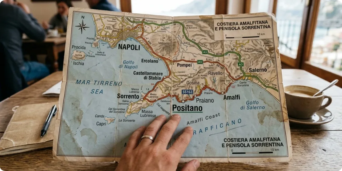 Map of the Amalfi Coast showing Positano between Sorrento and Amalfi